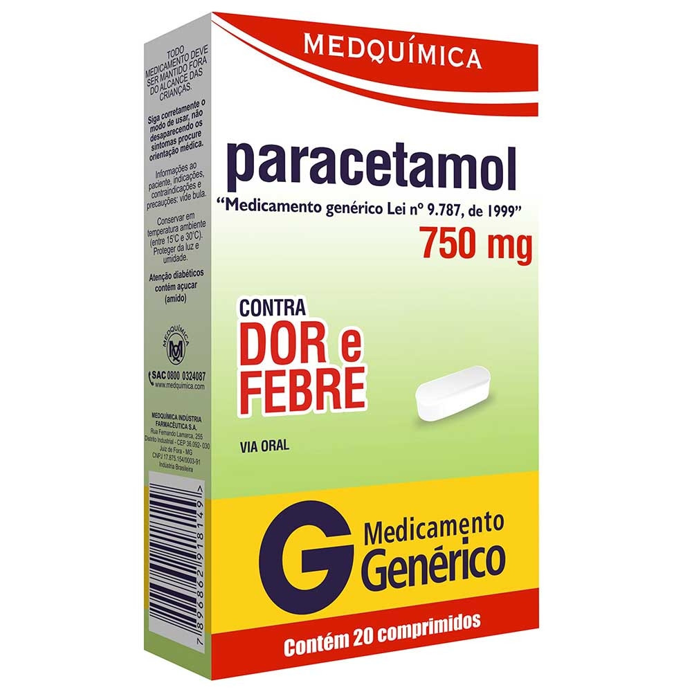 Paracetamol 750mg com 20 Comprimidos