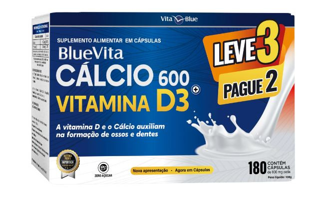Kit Bluevita Cálcio 600mg + Vitamina D3 Vita Blue 180 Cápsulas